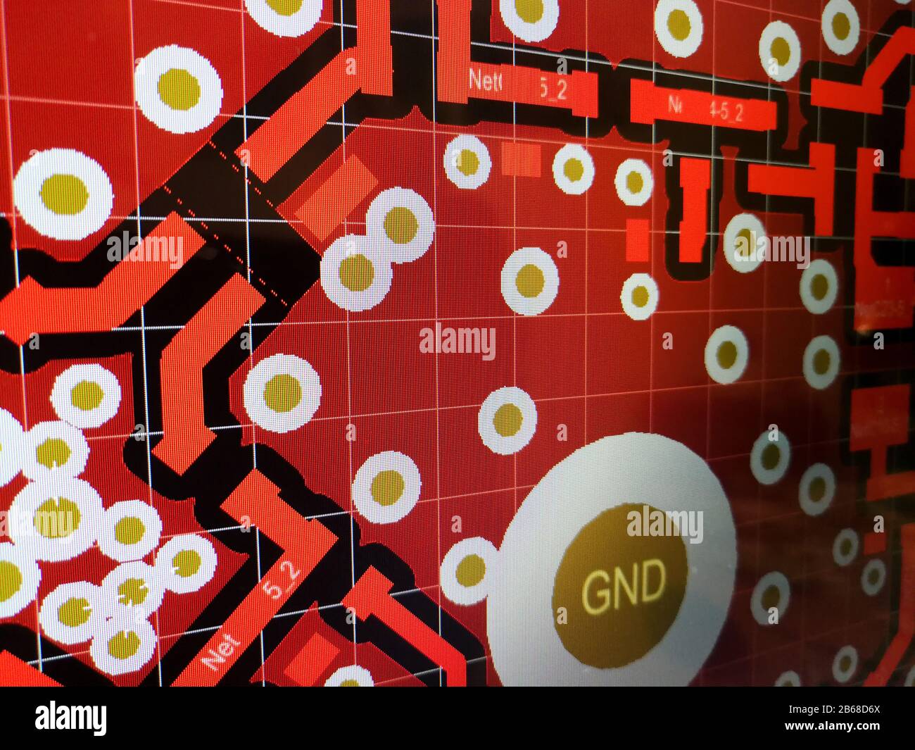 Close up computer screen view of PCB design layout routing process in specialised software Stock Photo