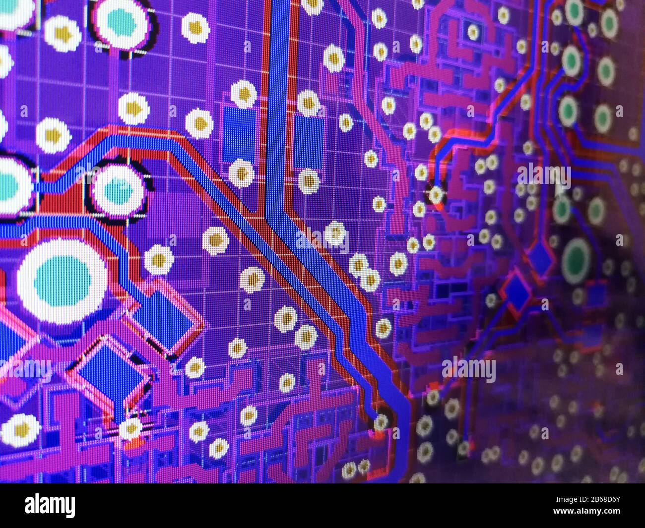 Close up computer screen view of PCB design layout routing process in specialised software Stock Photo