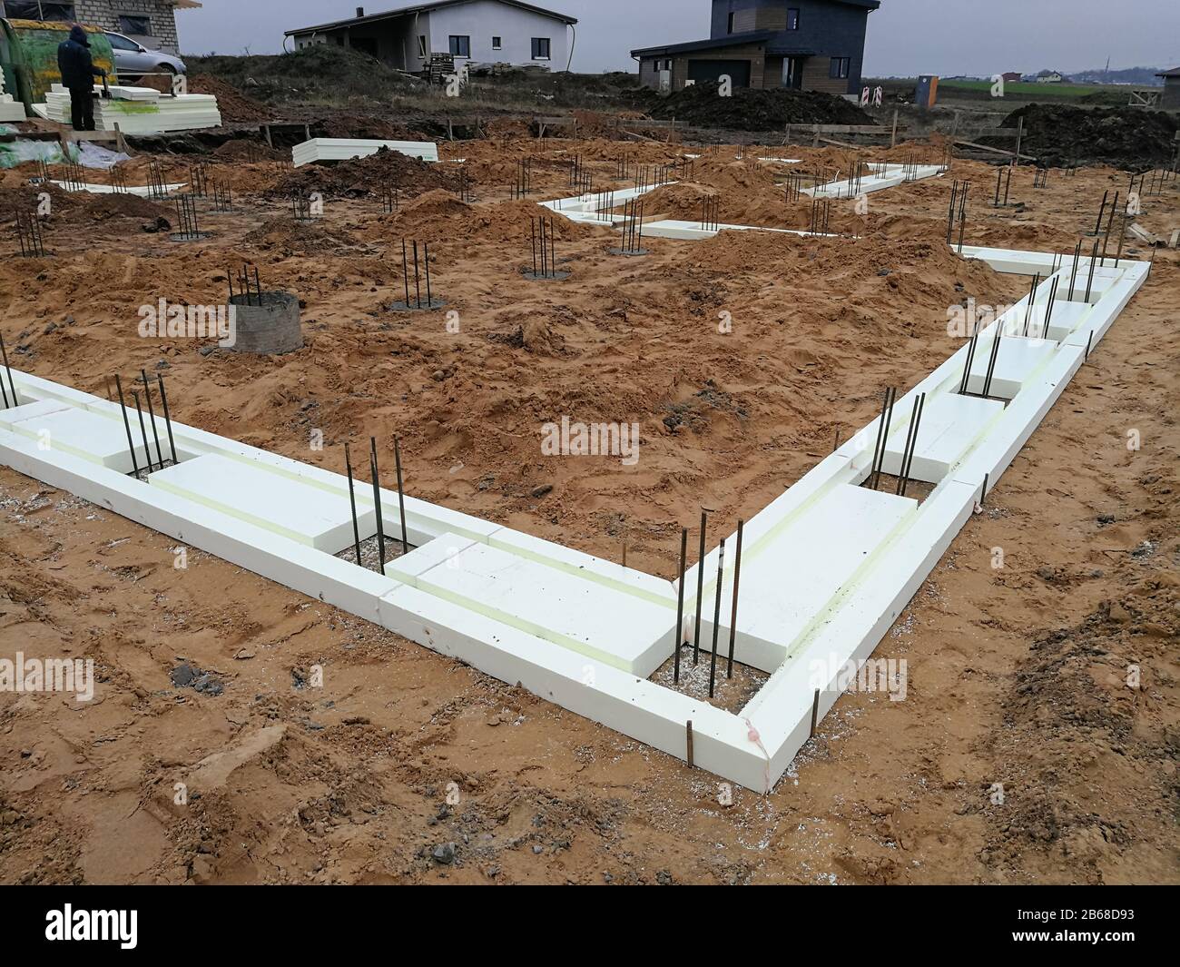 Foamboard for house foundation grate at construction site Stock Photo