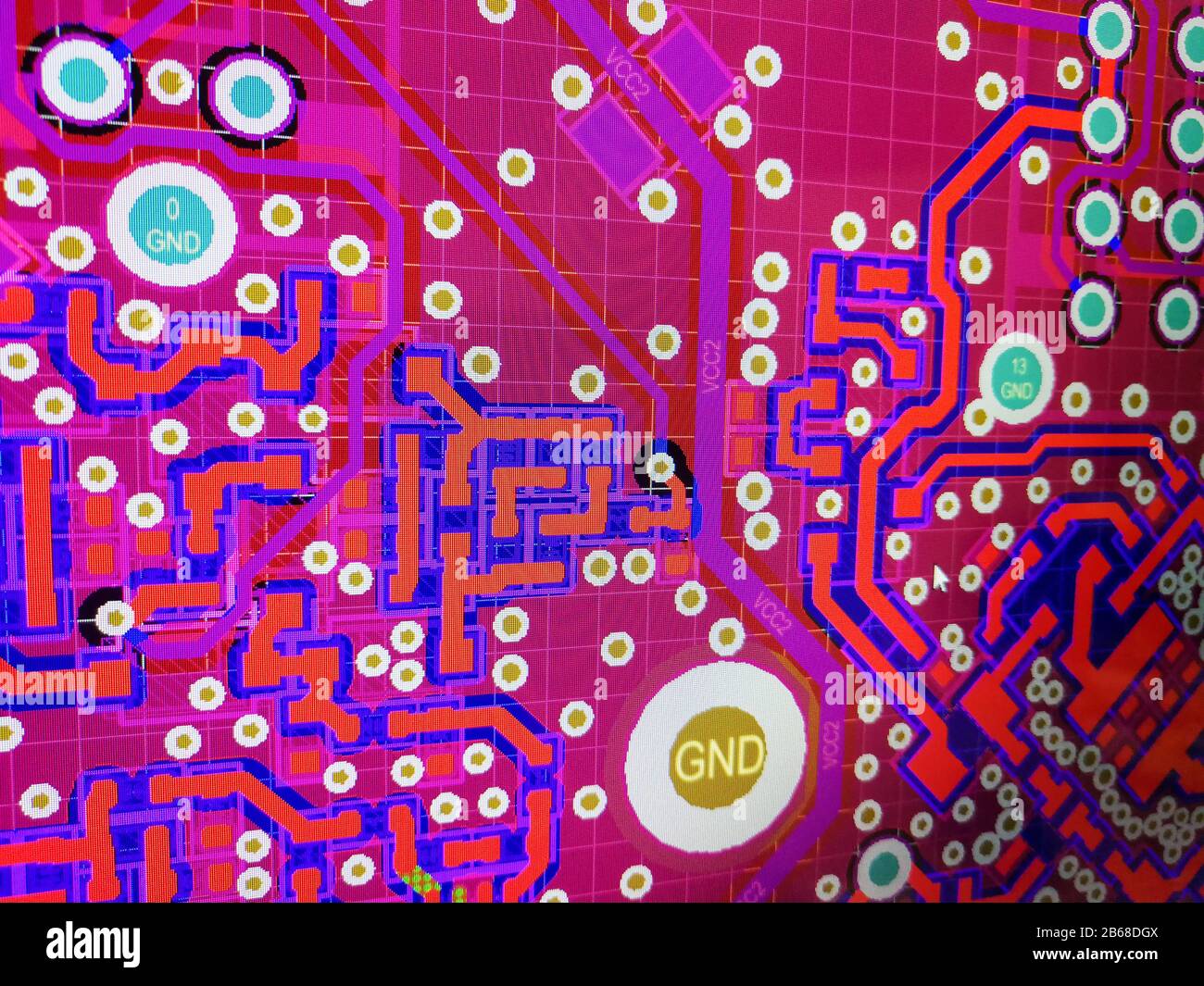 Close up computer screen view of PCB design layout routing process in specialised software Stock Photo