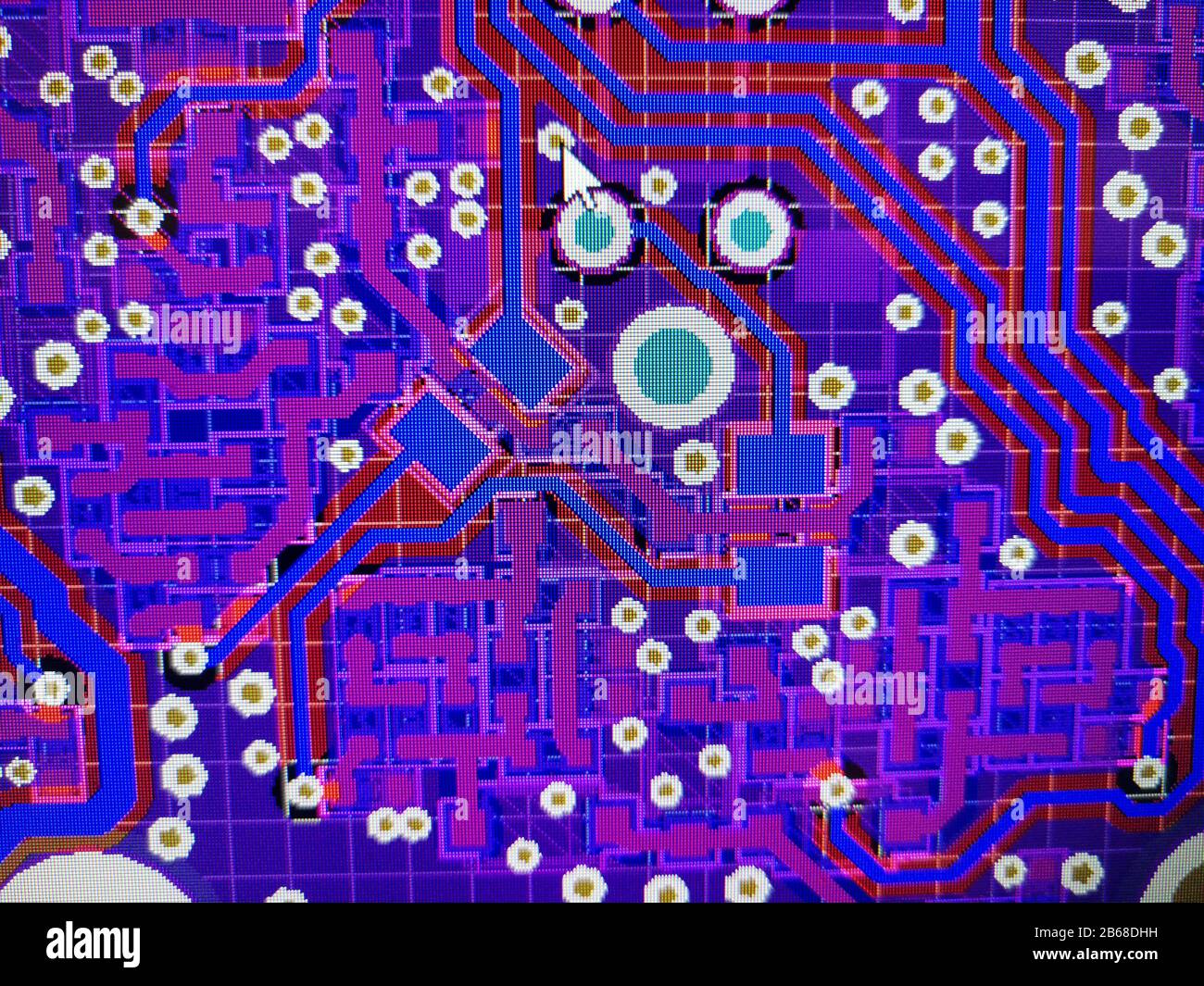 Close up computer screen view of PCB design layout routing process in specialised software Stock Photo