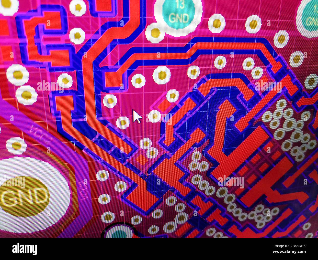 Close up computer screen view of PCB design layout routing process in specialised software Stock Photo