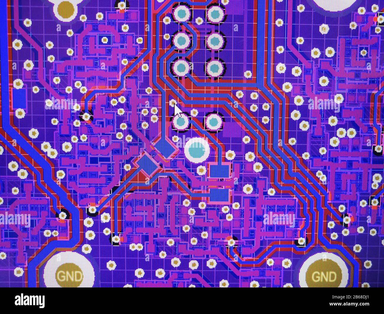 Close up computer screen view of PCB design layout routing process in specialised software Stock Photo