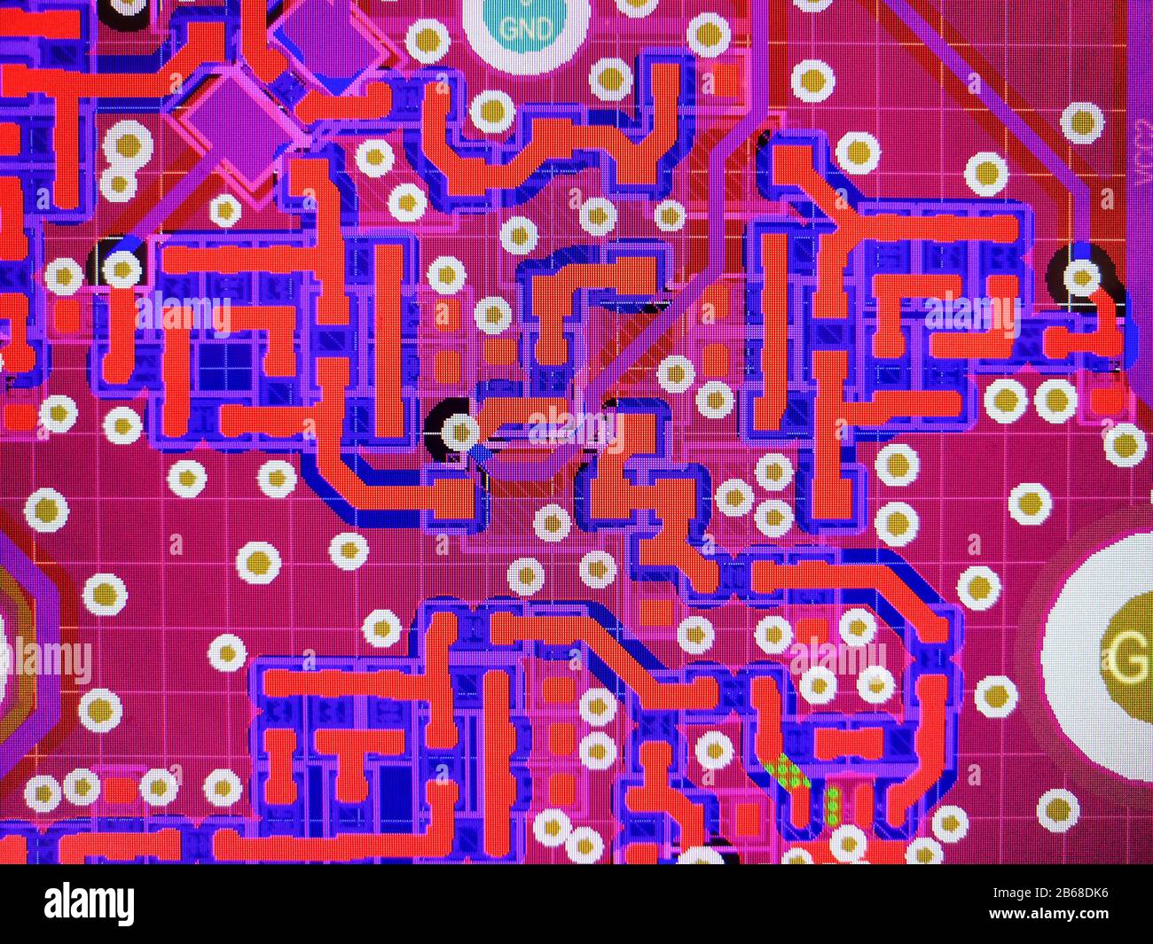 Close up computer screen view of PCB design layout routing process in specialised software Stock Photo