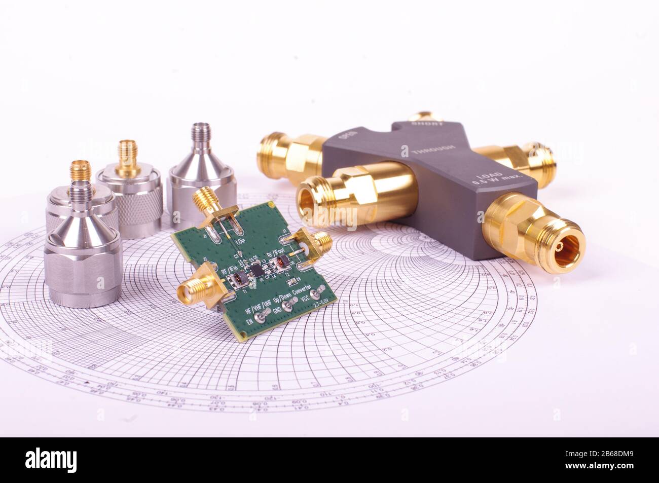 Radio frequency mixer printed circuit board in front of Smith chart and