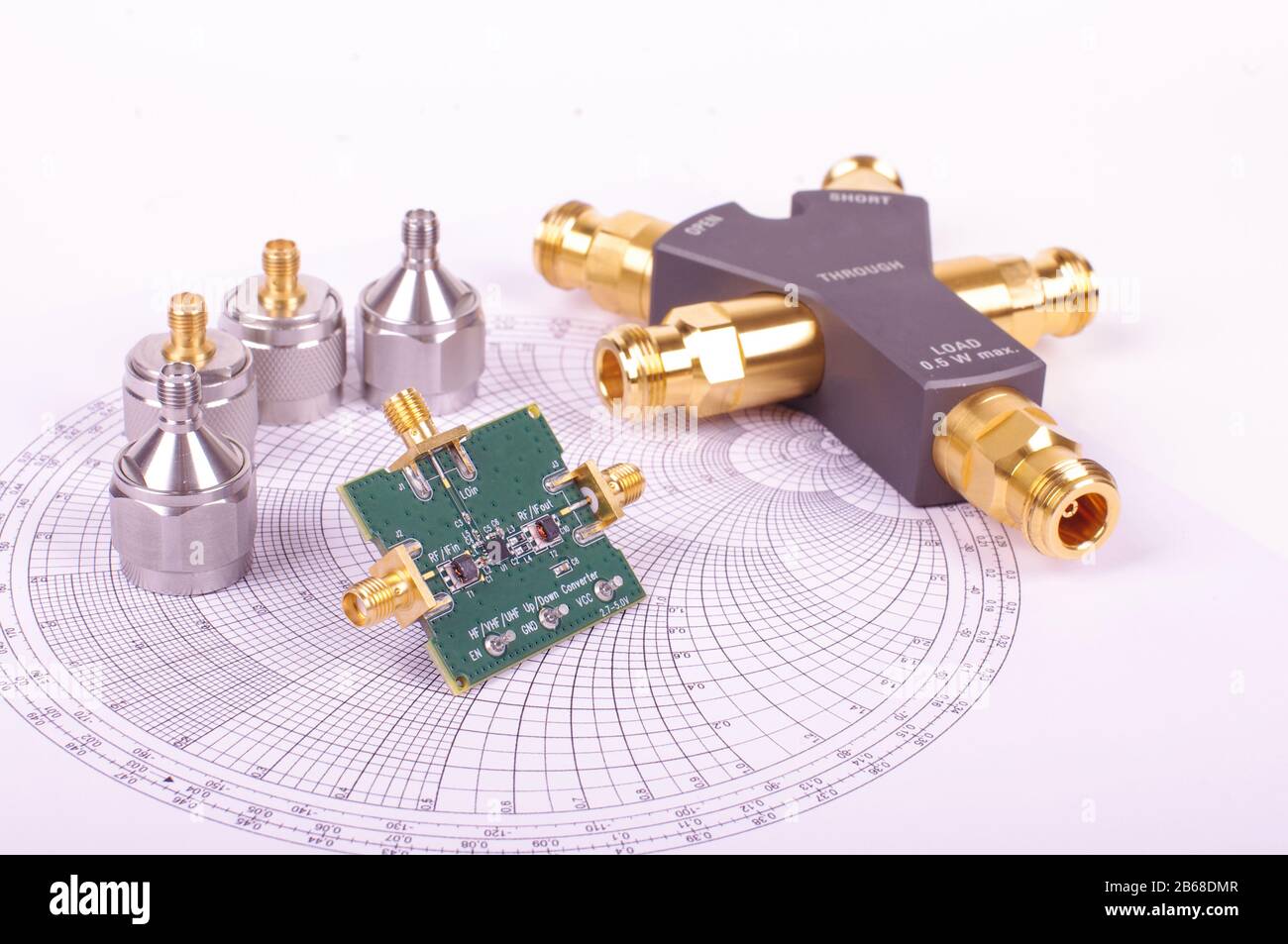 Radio frequency mixer printed circuit board in front of Smith chart and