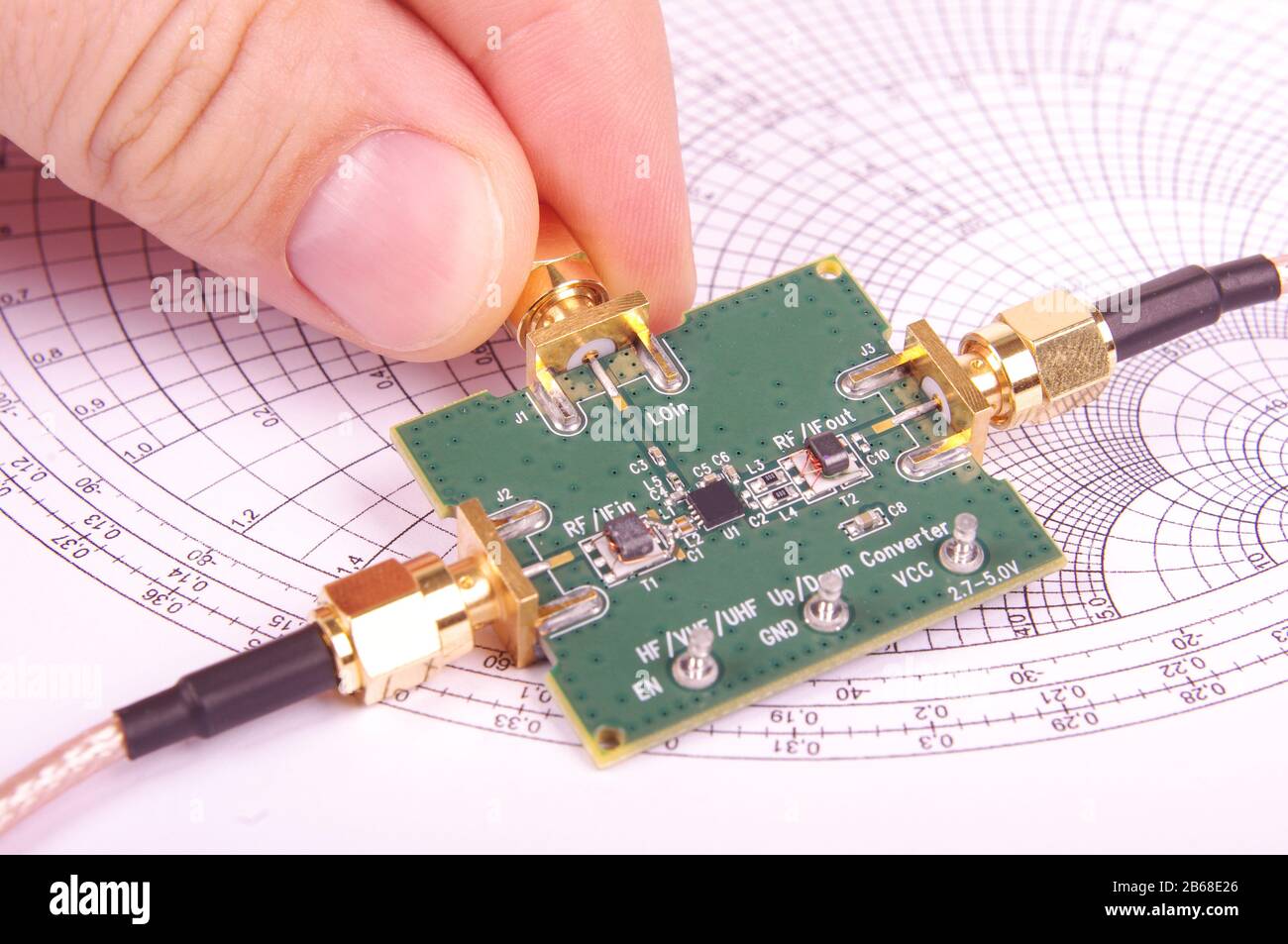 Radio frequency engineer inspect microwave mixer printed circuit board PCB  in front of Smith chart Stock Photo - Alamy