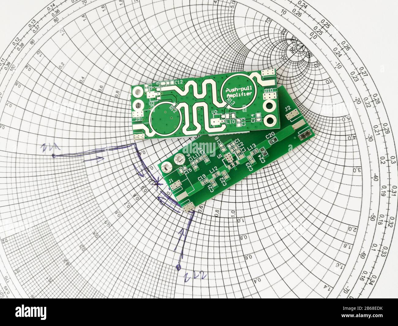 Radio frequency and microwave printed circuit board PCB in front of