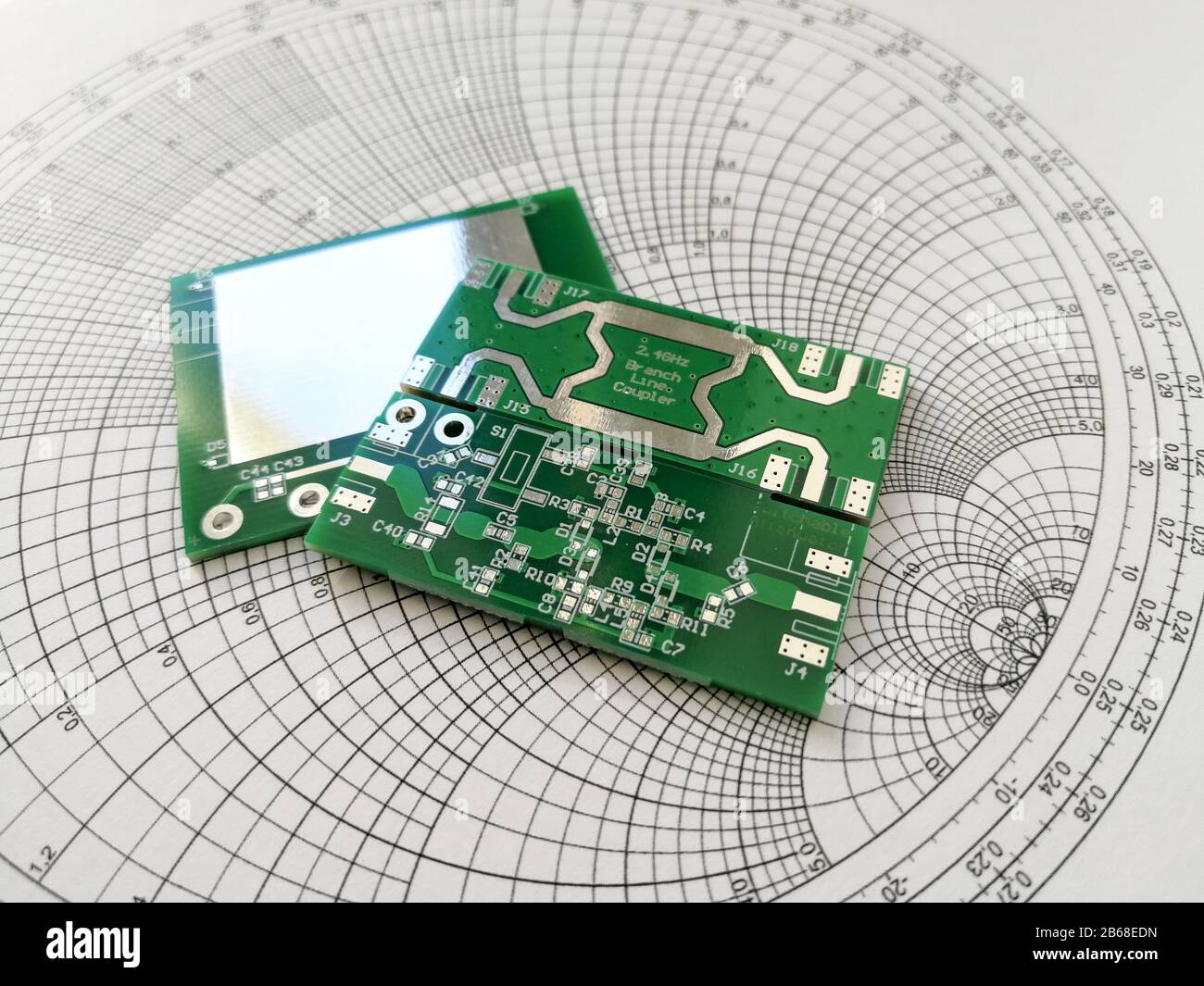 Radio frequency and microwave printed circuit board PCB in front of