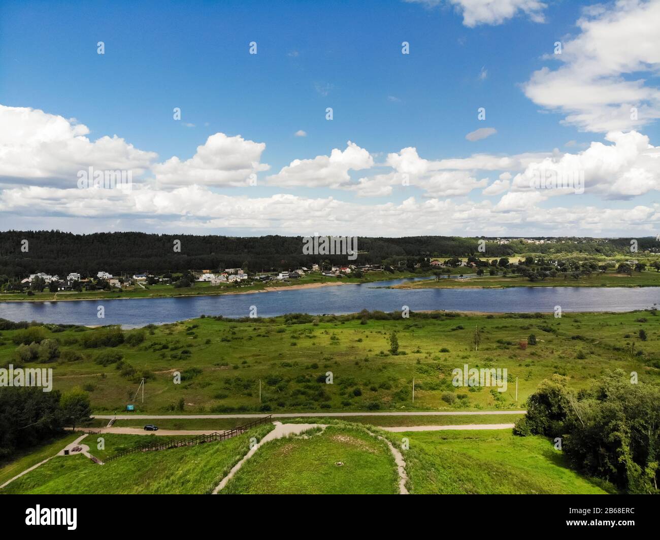 Aerial view of Nemunas and Nevezis rivers confluence near Kaunas city in Lithuania Stock Photo