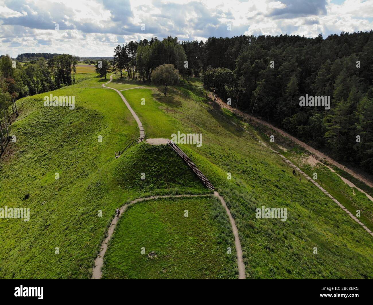 Historical Pypliai mound in Kacergine town, Lithuania. Aerial view Stock Photo