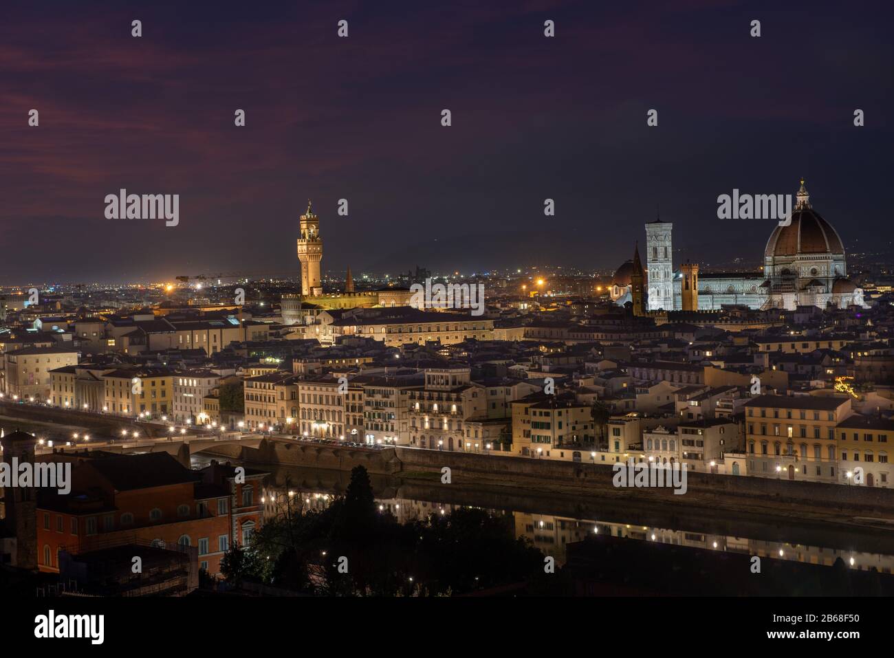 Florence illuminated view from Piazzale Michelangelo at sunset Stock