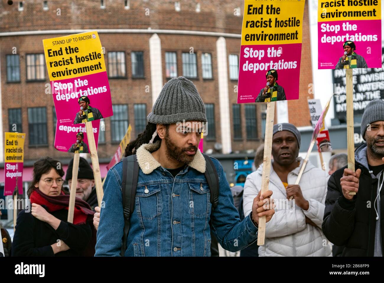 Movement for Justice protesting in Windrush Square against deportation to Jamaica March 2020 Stock Photo