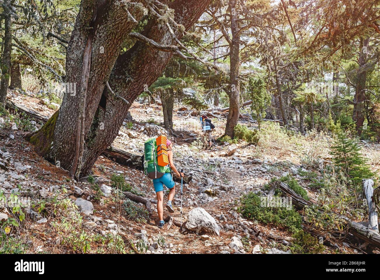Group Of Friends On Walking trail, travelling lycian way in Turkey. Nature and recreation concept Stock Photo