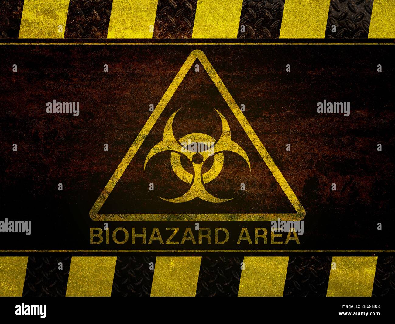 Triangle biohazard warning sign on a grunge metal yellow hazard stripe texture background Stock Photo