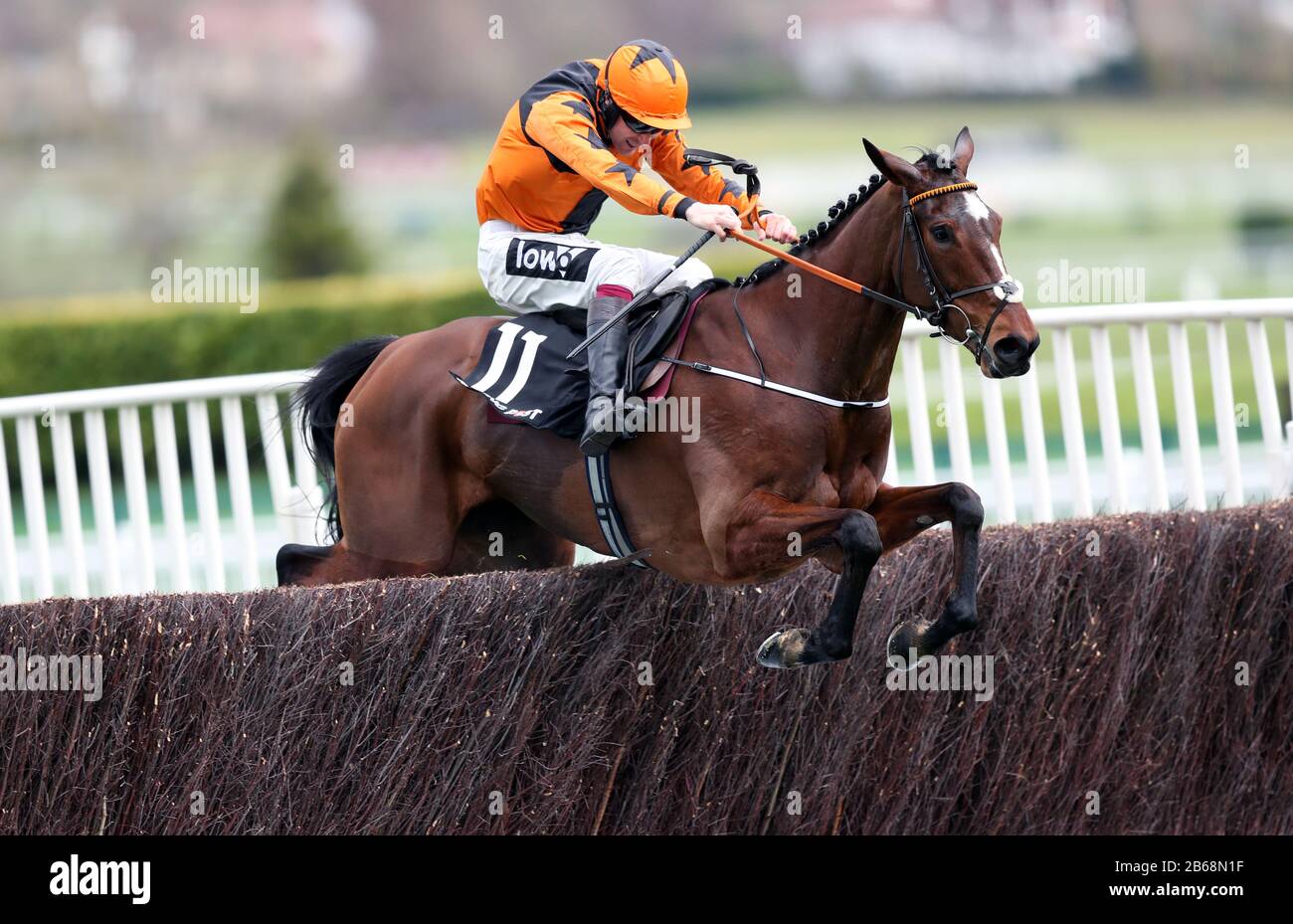 Put The Kettle On ridden by Aidan Coleman on the way to winning he Racing Post Arkle Challenge Trophy Novices' Chase on day one of the Cheltenham Festival at Cheltenham Racecourse, Cheltenham. Stock Photo