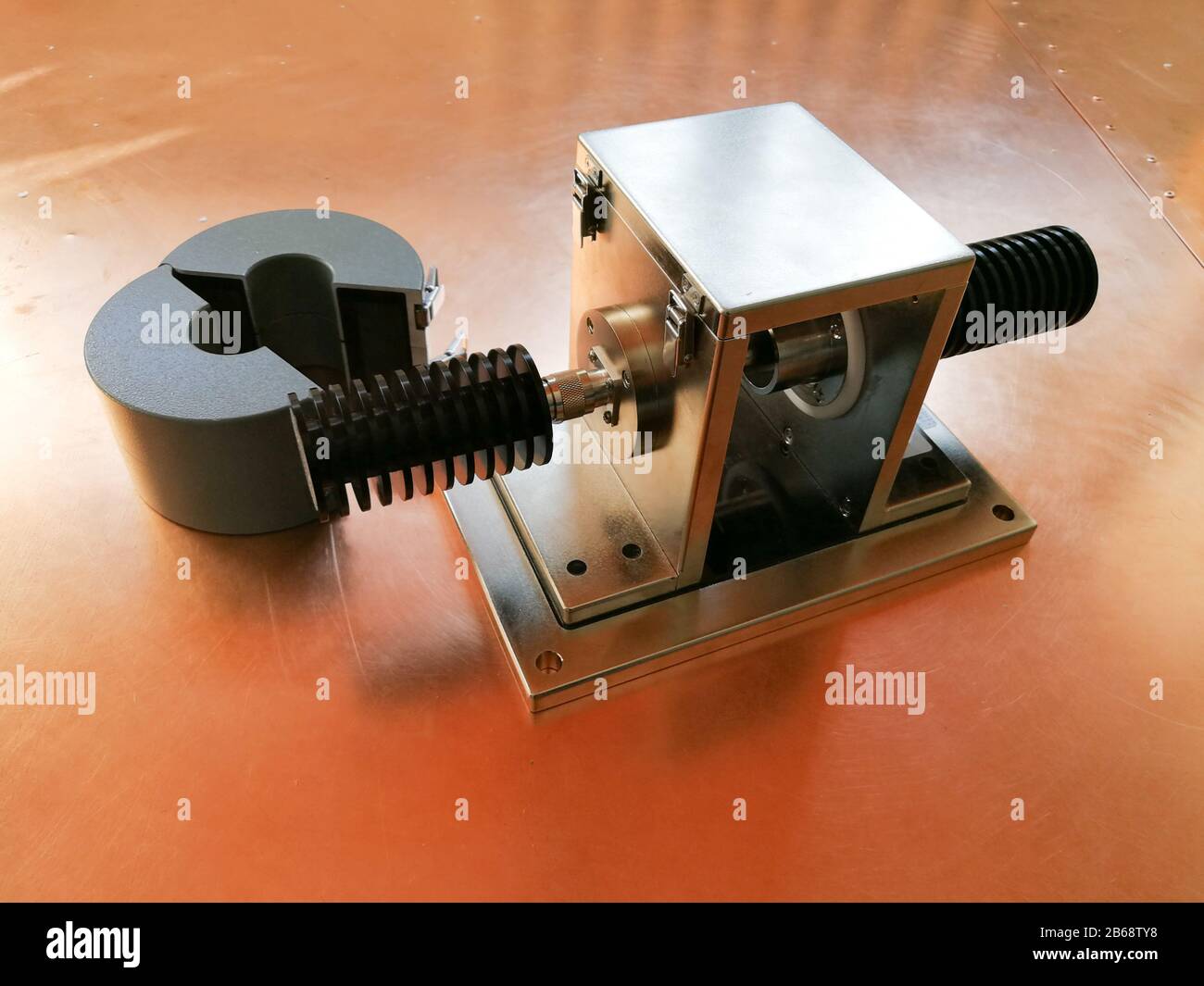 Bulk current injection BCI calibration jig for EMC electromagnetic compatibility tests on the copper plate background Stock Photo