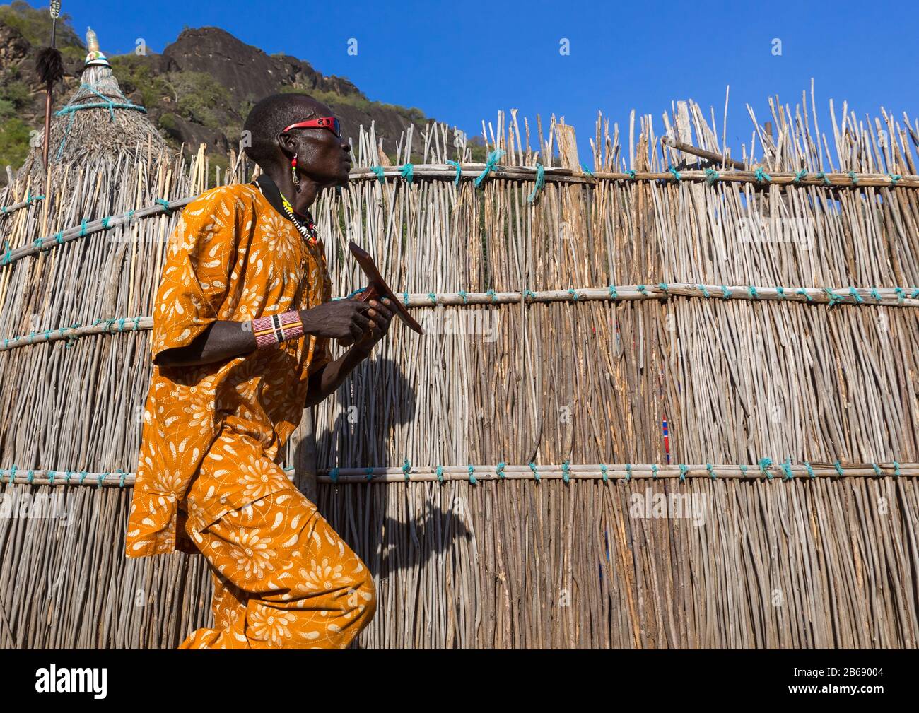 Larim tribe man dancing during a wedding ceremony, Boya Mountains, Imatong, South Sudan Stock Photo