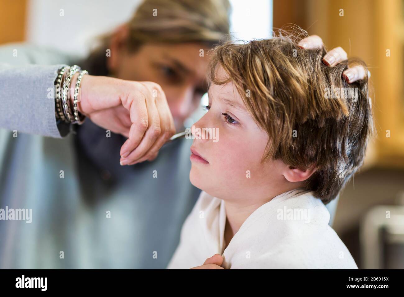 A six year old boy getting his hair cut at home by his mother Stock Photo -  Alamy
