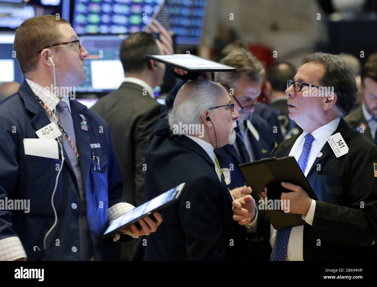 New York, United States. 10th Mar, 2020. Traders work on the the floor of the New York Stock Exchange at the opening bell on Wall Street in New York City on Tuesday, March 10, 2020. Wall Street began the day by recovering some of the massive losses on the Monday session where the DOW closed down over 2000 points. Photo by John Angelillo/UPI Credit: UPI/Alamy Live News Stock Photo