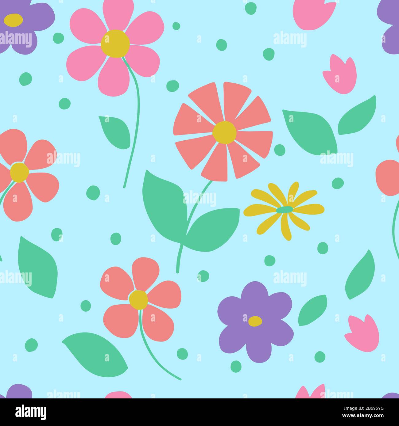 Seamles pattern - bright flowers on a gently green background in vector graphics, for decorating wallpapers, textiles, wrapping paper, prints on baby Stock Vector
