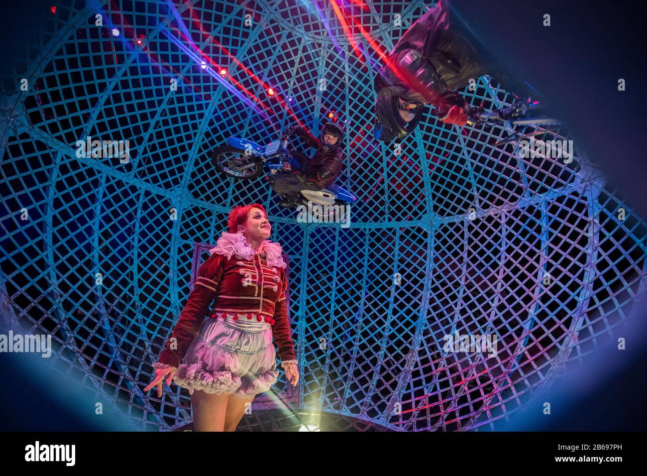 Members of the Lucius Team perform inside the Globe of Death on stage at the Festival Theatre in Edinburgh during the launch of the Cirque Berserk! 2020 tour. Stock Photo