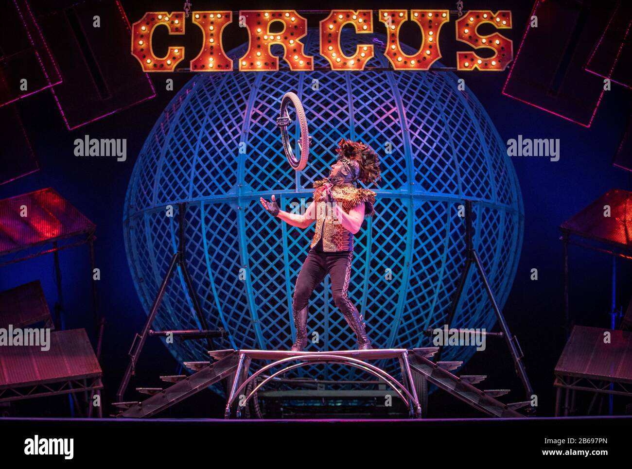 Viktor from the Moscow State Circus performs on stage at the Festival Theatre in Edinburgh, during the launch of the Cirque Berserk! 2020 tour. Stock Photo