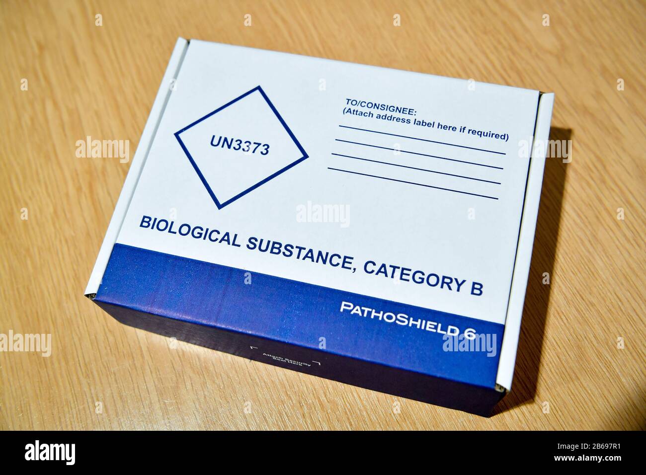The top view of a coronavirus (COVID-19) testing kit, containing sterile swabs, which have been put together by Public Health Wales and will be posted out to patients for remote testing. Stock Photo