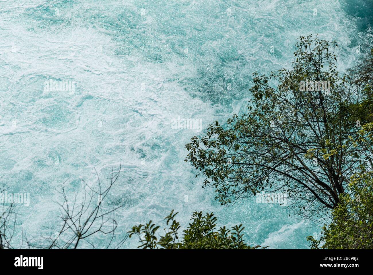Vegation hangs over the turbulent waters at the base of the Huka Falls near Taupo, New Zealand Stock Photo
