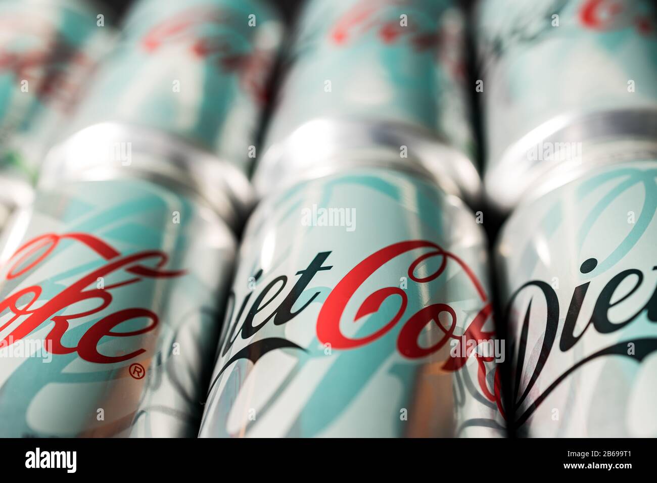 LONDON - MARCH 03, 2020: Diet Coke cans in metal silver tins Stock Photo
