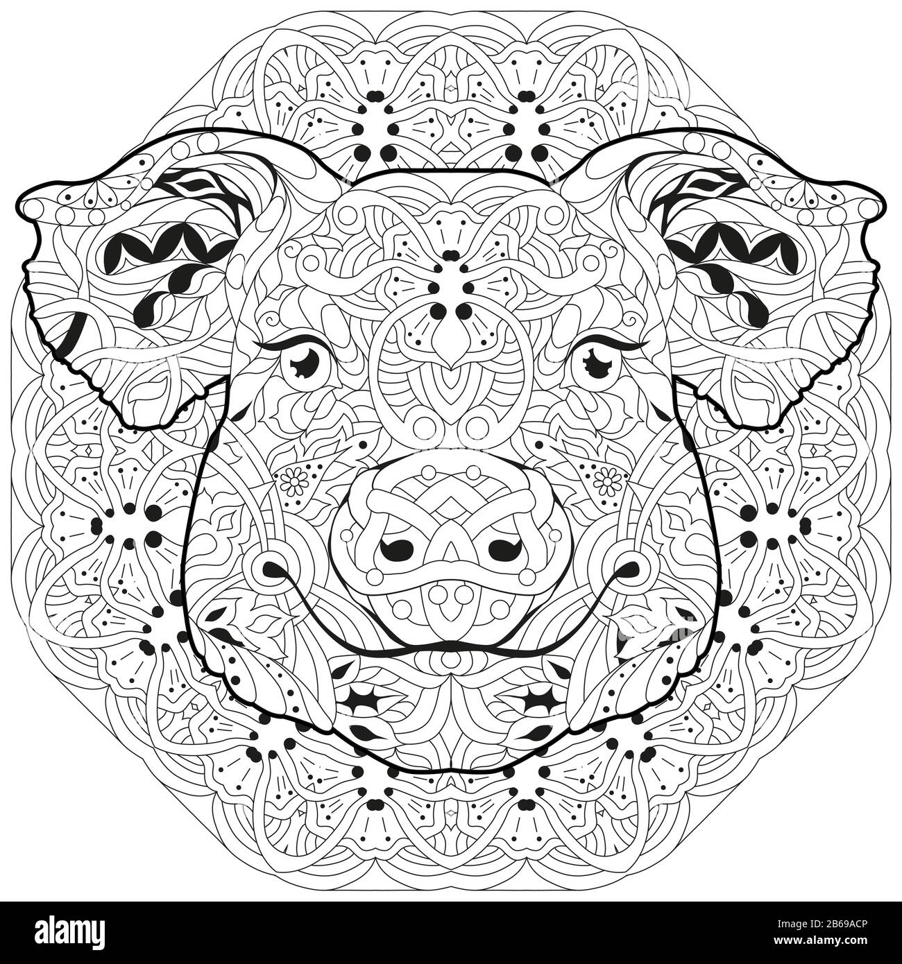 Zentangle pig head with mandala. Hand drawn decorative vector illustration for coloring Stock Vector