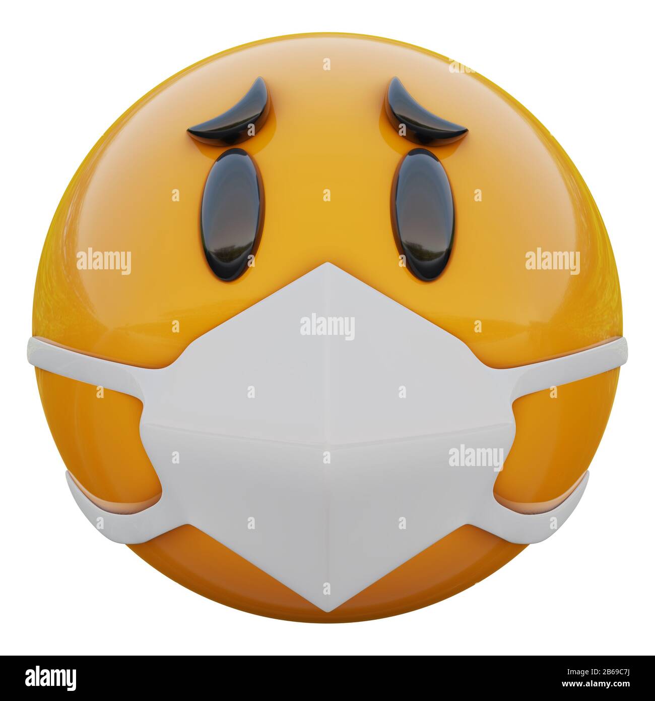 3D render of Sad yellow emoji face in medical mask protecting from coronavirus 2019-nCoV, MERS-nCoV, sars, bird flu and other viruses, germs and bacte Stock Photo