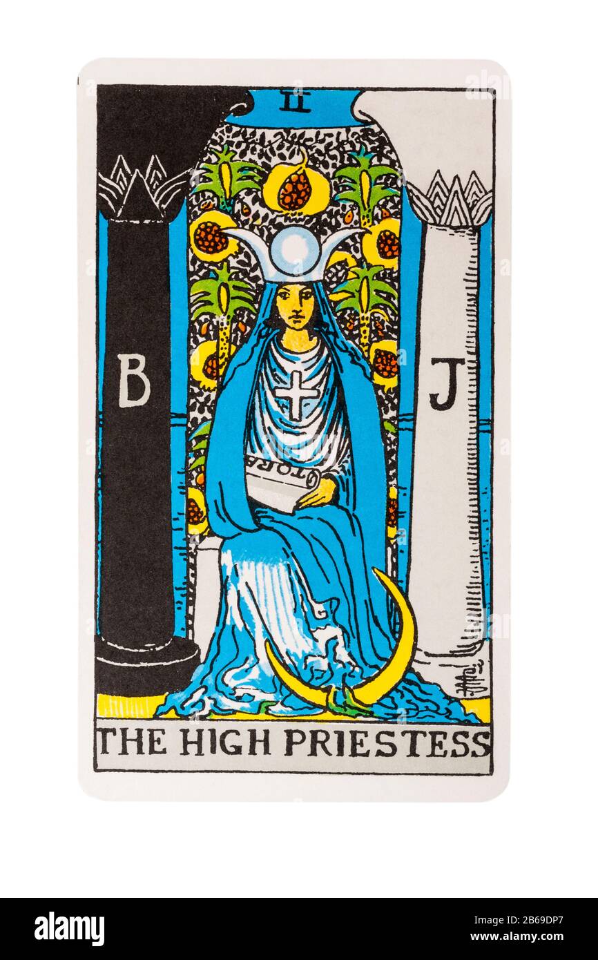 The High Priestess tarot card from the Rider Tarot Cards designed by Pamela Colman Smith under supervision of Arthur Edward Waite isolated on white Stock Photo