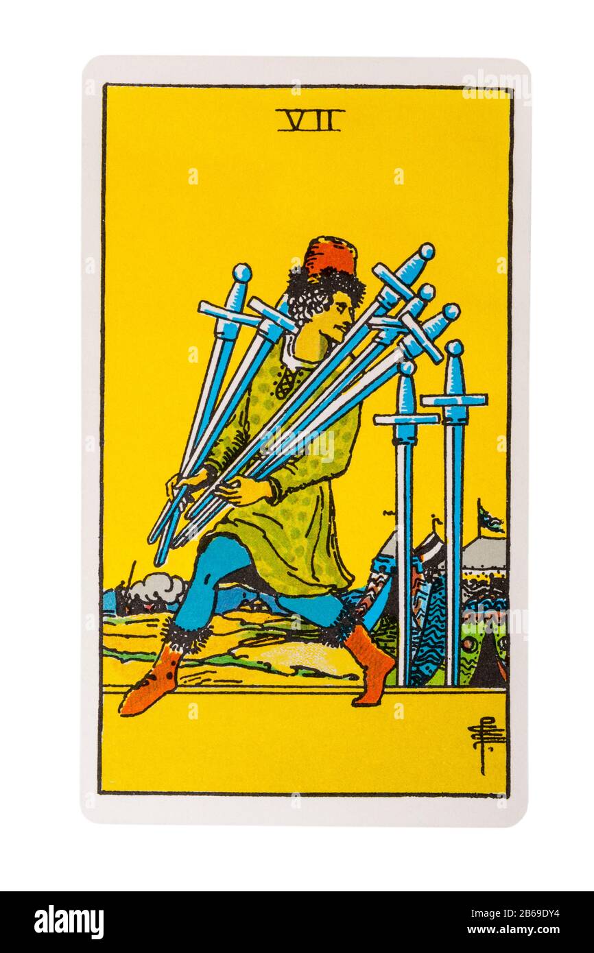 7 of Swords tarot card from the Rider Tarot Cards designed by Pamela Colman  Smith under supervision of Arthur Edward Waite isolated on white Stock  Photo - Alamy