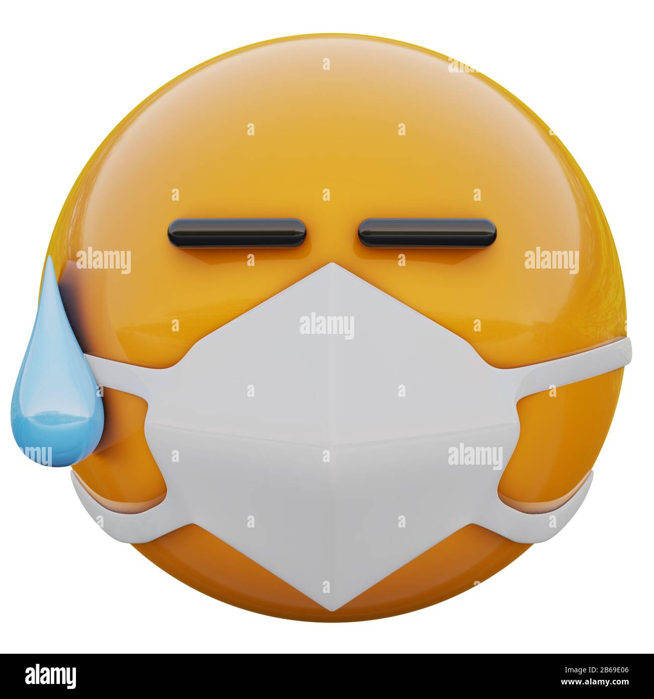 3D render of embarrassed yellow emoji face in medical mask protecting from coronavirus 2019-nCoV, MERS-nCoV, sars, bird flu and other viruses, germs a Stock Photo