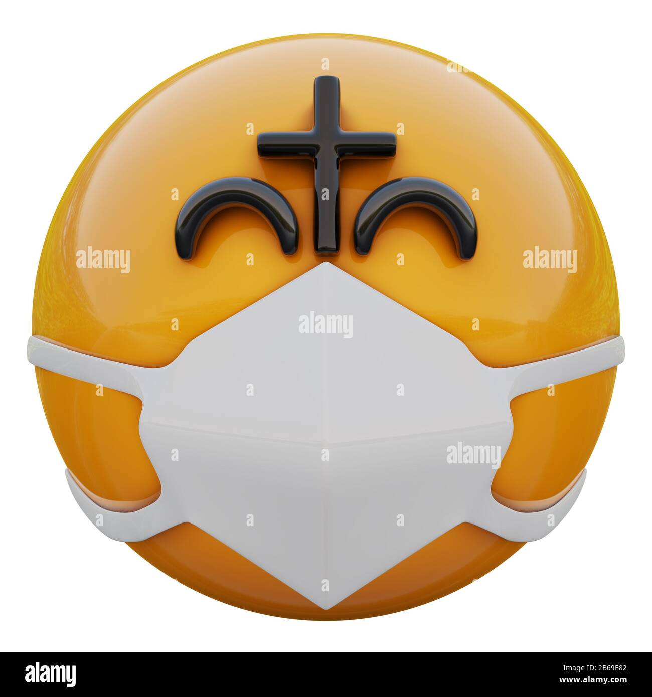 3D render of happy religious fanatic yellow emoji face in medical mask protecting from coronavirus 2019-nCoV, MERS-nCoV, sars, bird flu and other viru Stock Photo