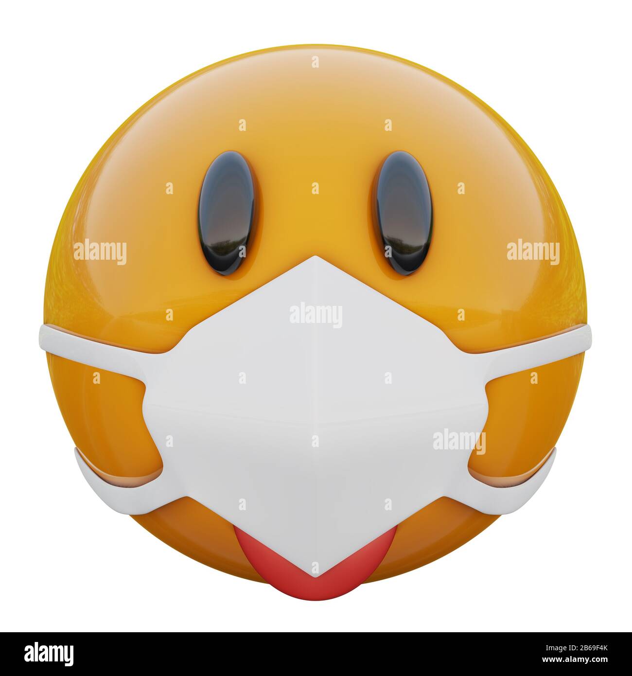 3D render of cheeky and playful yellow emoji face in medical mask protecting from coronavirus 2019-nCoV, MERS-nCoV, sars, bird flu and other viruses, Stock Photo
