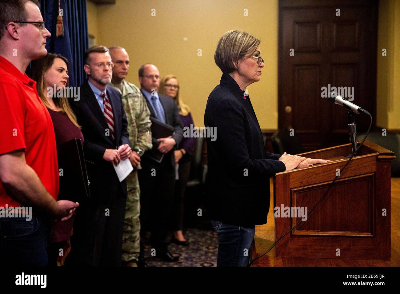 Des Moines, USA. 08th Mar, 2020. Mar 8, 2020; Des Moines, Iowa, USA; Governor Kim Reynolds speaks to the press during a news conference to announce three presumptive COVID-19 coronavirus cases at the Iowa State Capitol. (Photo by Kelsey Kremer/The Register/USA Today Network/Sipa USA) Credit: Sipa USA/Alamy Live News Stock Photo