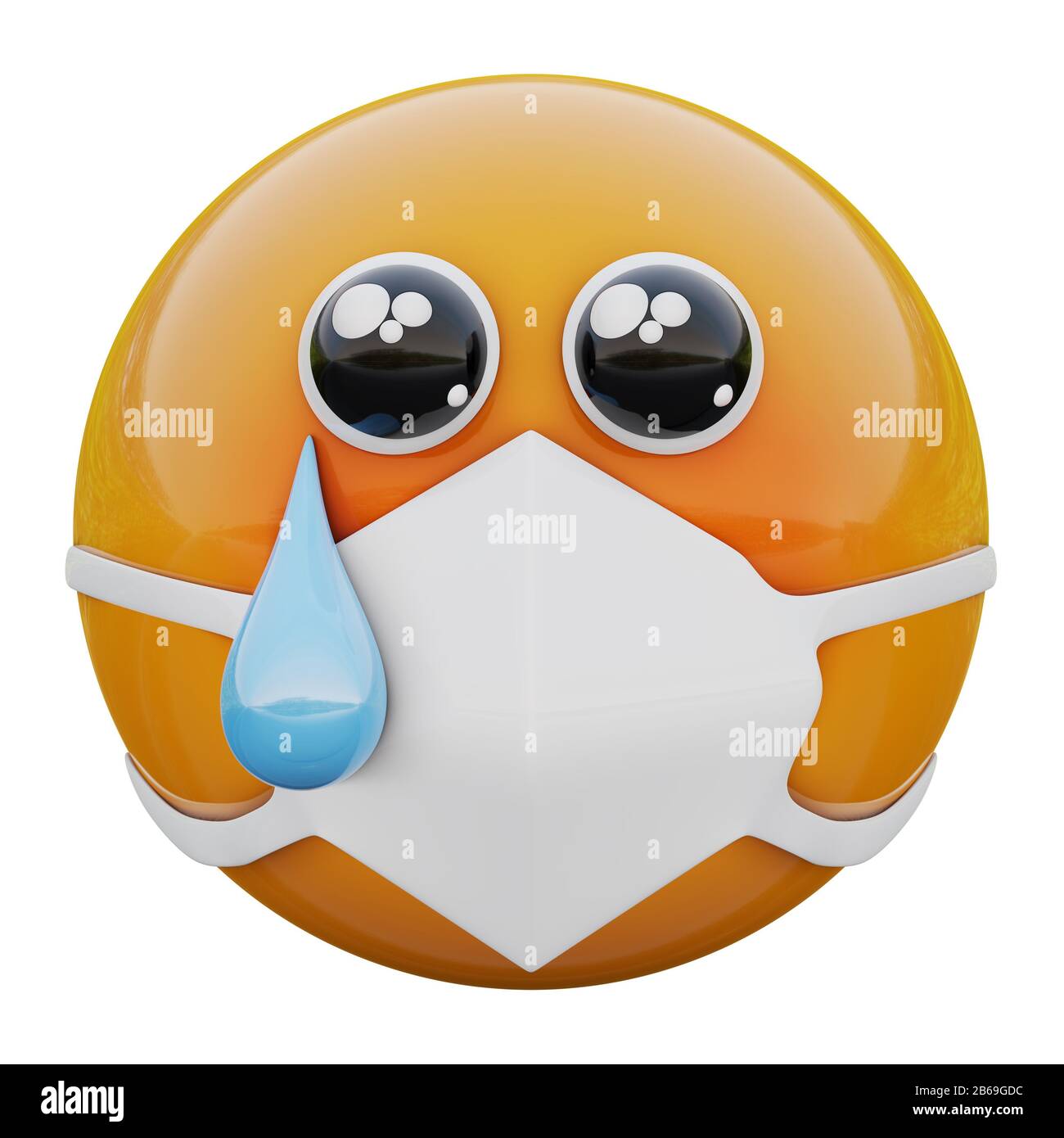 3D render of crying sad yellow emoji face in medical mask protecting from coronavirus 2019-nCoV, MERS-nCoV, sars, bird flu and other viruses, germs an Stock Photo