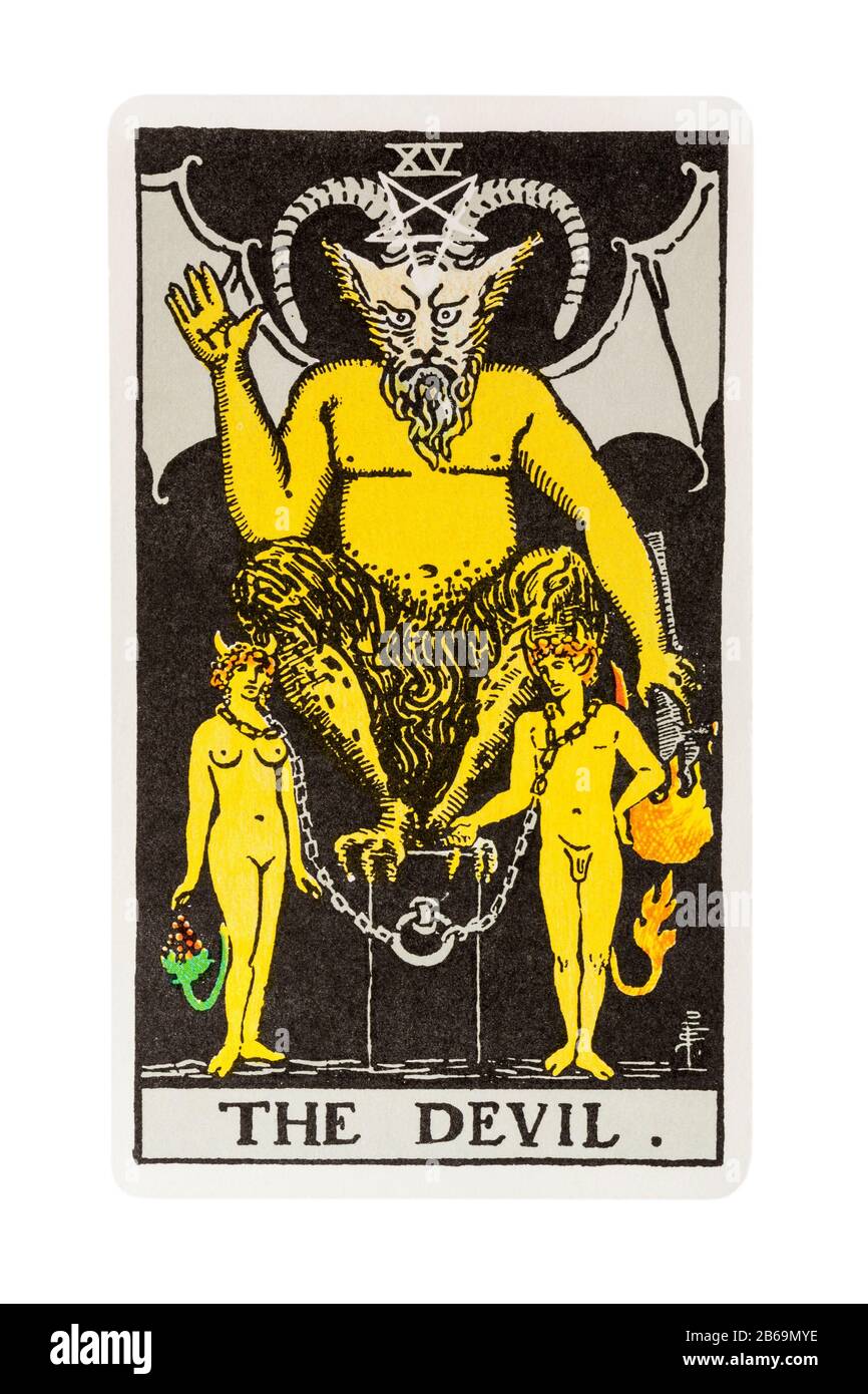 The Devil tarot card from the Rider Tarot Cards designed by Pamela Colman Smith under supervision of Arthur Edward Waite isolated on white background Stock Photo