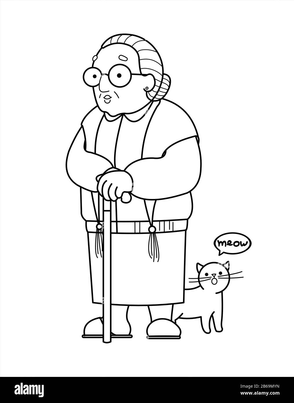 Outline vector image of an old woman in a shawl, wearing glasses and with a cane. Good old grandmother with a meowing cute cat. Elderly woman, senile Stock Vector