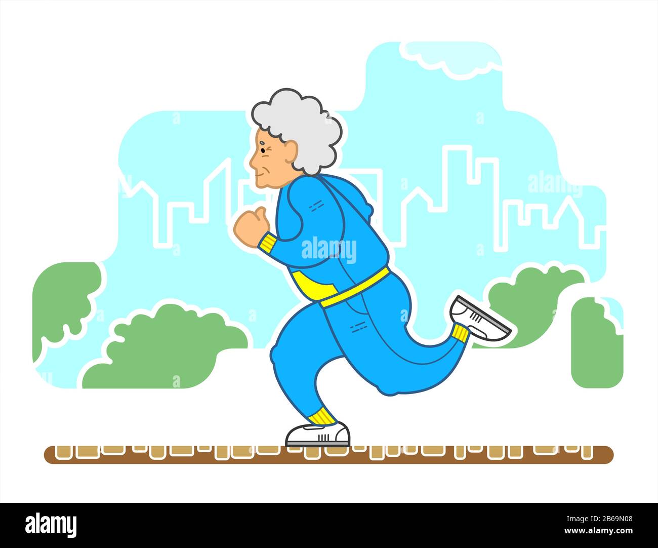 Vector Image Of A Running Old Woman In The Park. An Old Woman With Red Curly Hair, In A Tracksuit, In Sneakers. Elderly Woman, Senile People Concept. Stock Vector