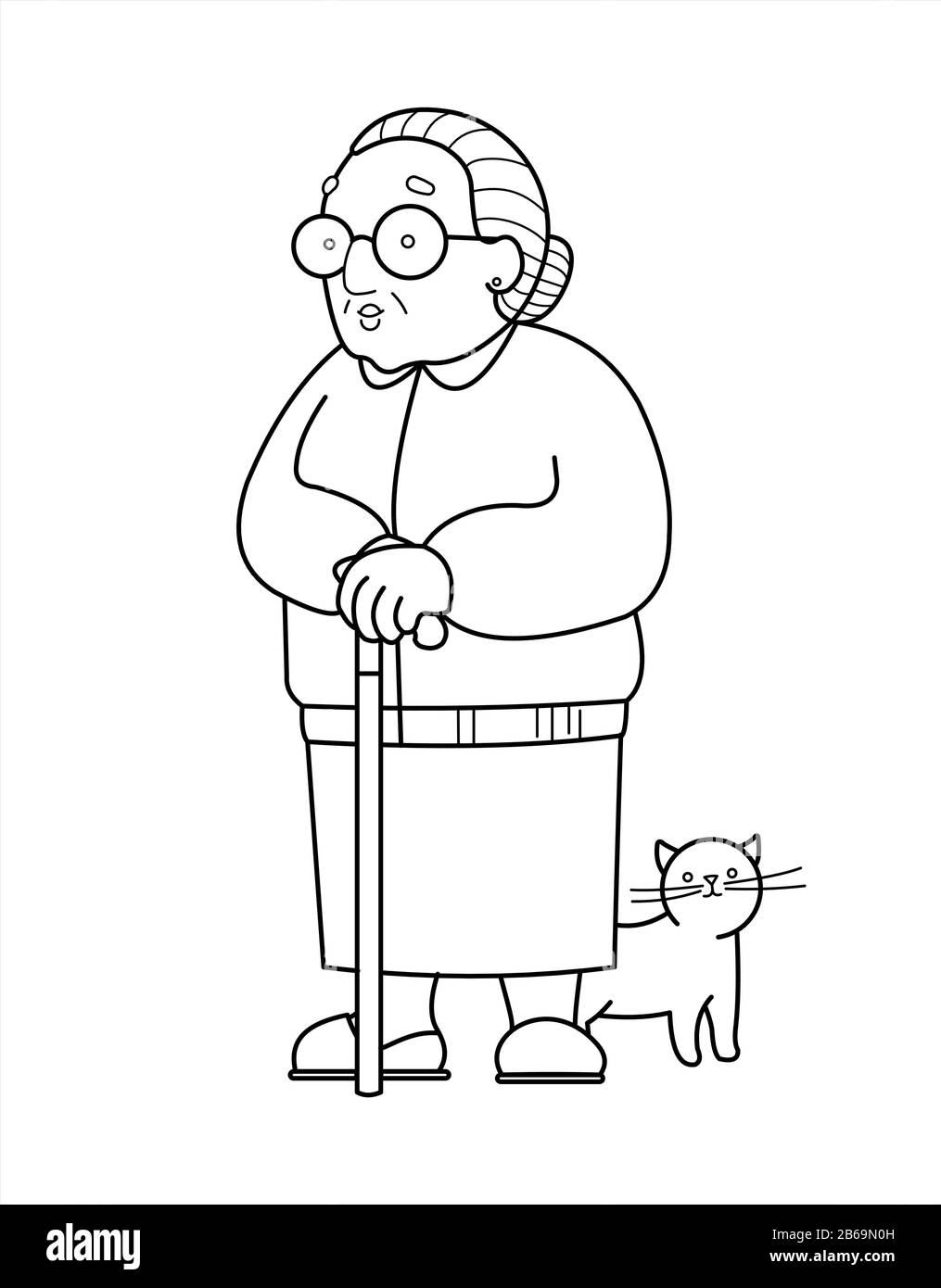 Vector contour Image Of An Old Woman With Glasses And With A Cane. Good Old Grandmother With A Red Cute Cat. Elderly Woman, Senile People Concept. Iso Stock Vector
