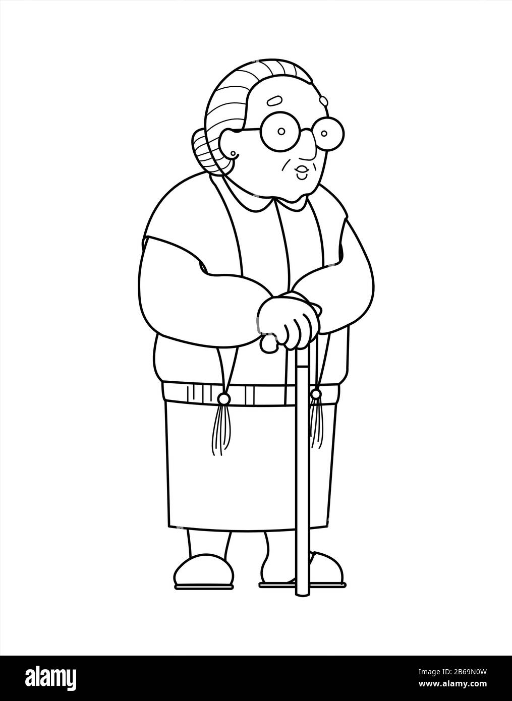 Vector contour old woman in a shawl with glasses and with a cane. Good old grandmother. Retiree, babushka. Elderly woman, senile people concept. For c Stock Vector