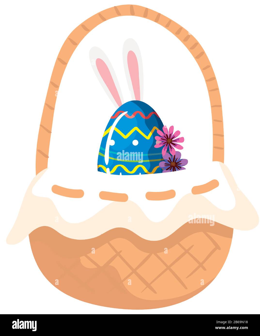 cute egg easter with ears rabbit and flowers in basket wicker Stock ...