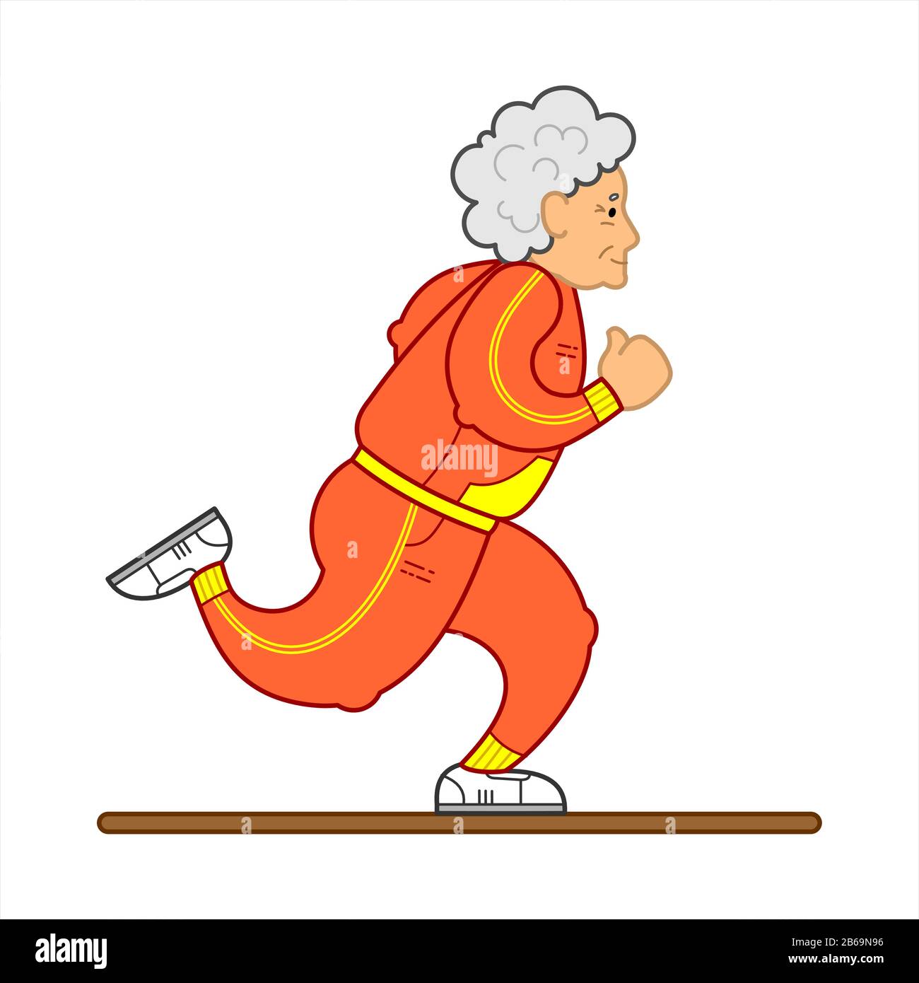 Vector Image Of A Running Old Woman. The Old Woman In A Tracksuit, Sneakers. Elderly Woman, Senile People Concept, Logo. Isolated on white background Stock Vector