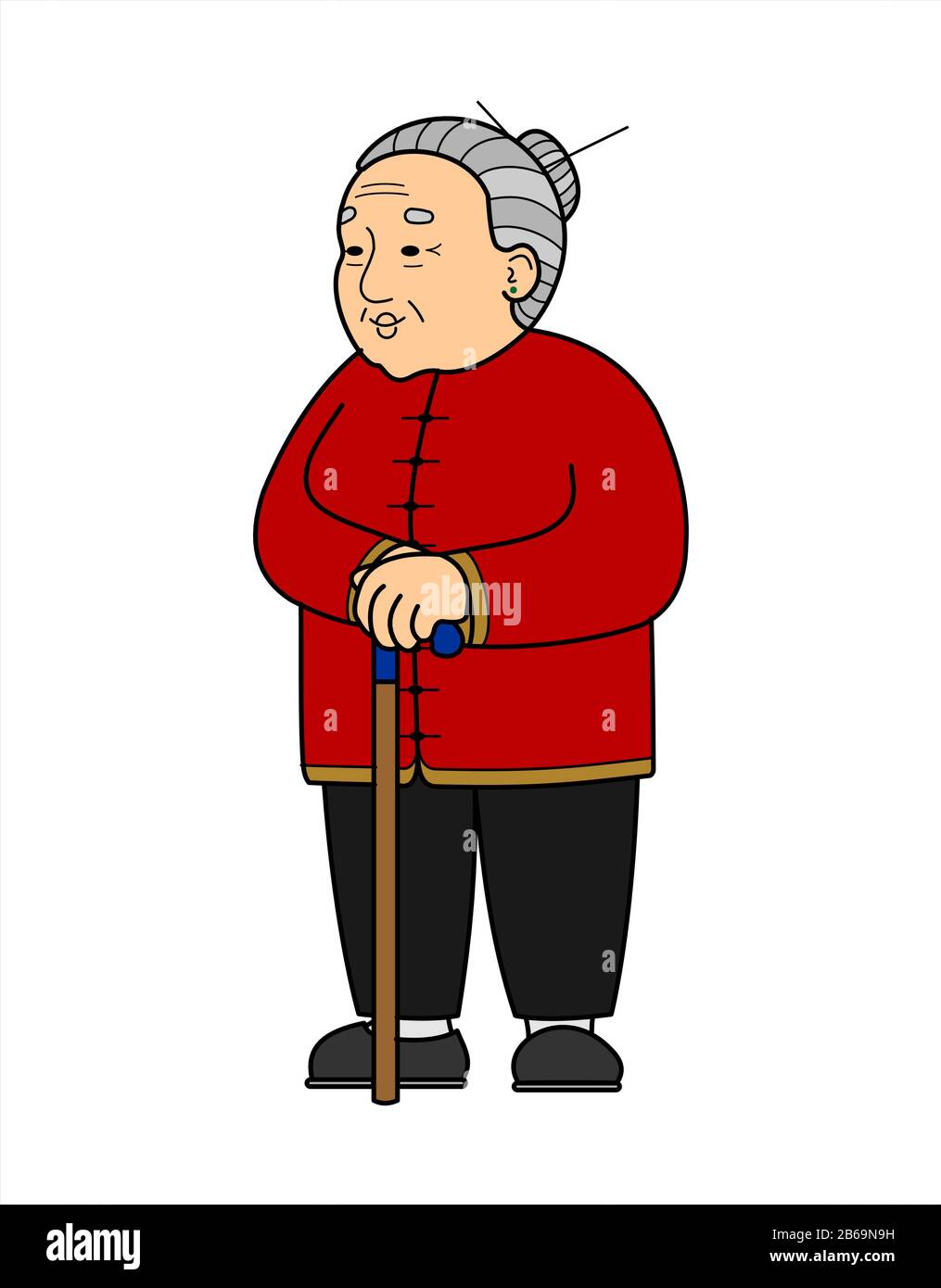 Vector Image Of An Asian, Chinese, Korean, Mongolian, Vietnamese Old Woman With A Cane. Elderly Woman in trousers, Senile People Concept. Isolated On Stock Vector