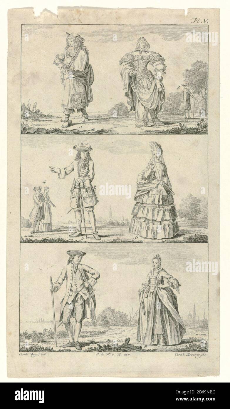 Eight figures with Dutch clothing from the 17th and 18th centuries Eight figures with Dutch clothing from the 17th and 18th centuries, divided into three frames. The picture is part of the book: Natural history of Holland, published in seven parts by Johannes Le Francq van Berkhey (1729-1812) between 1769 and 1778. The first two figures are derived from the series Figures à la mode Romeyn de Hooghe. Manufacturer : print maker: Cornelis Brouwer (indicated on object) to drawing of: Cornelis Buys (indicated on object) to print by: Romeyn the Hooghe Date: 1769 - 1778 Physical characteristics: engr Stock Photo