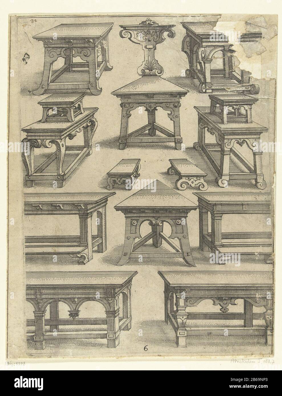 Eight elongated tables Differents pourtraicts the menuiseri (series title) Elongated tables, a triangular table, two footrests, two stools, and a seat with a triangular seat. Page 6 of 15 of the numbered sheets + title page of a series of 16. Manufacturer : print maker: Pieter van der Borcht (I) to a design of: Hans Vredeman de Vries Publisher: Philips Gall Place manufacture: The Netherlands (possible) Date: ca. 1583 Material: Paper Technology : engra (printing process) Measurements: plate edge: h 259 mm × W 190 mmToelichtingBerlin 1220 Stock Photo