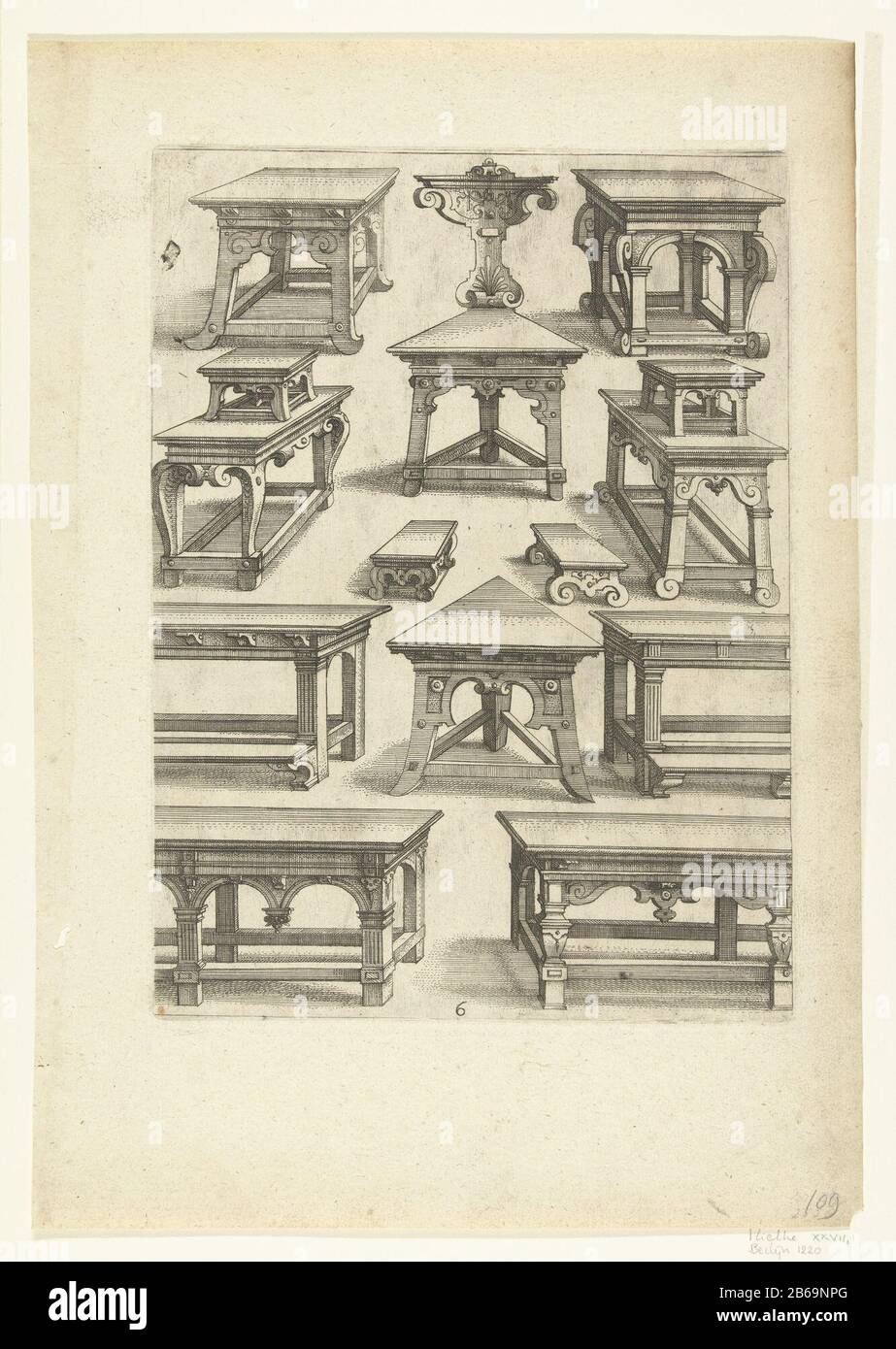 Eight elongated tables Differents pourtraicts the menuiseri (series title) Elongated tables, a triangular table, two footrests, two stools, and a seat with a triangular seat. Page 6 of 15 of the numbered sheets + title page of a series of 16. Manufacturer : print maker: Pieter van der Borcht (I) to a design of: Hans Vredeman de Vries Publisher: Philips Gall Place manufacture: The Netherlands (possible) Date: ca. 1583 Material: Paper Technology : etching dimensions: plate edge: h 259 mm × W 190 mm Stock Photo